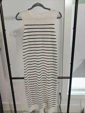 Sleeveless Cream and Forest Green Striped Knit Dress